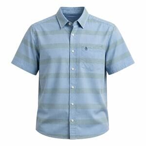 Original Penguin Men's Classic Fit Striped Short Sleeve Button Up Shirt Blue L